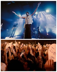 two pictures of people holding signs at a concert